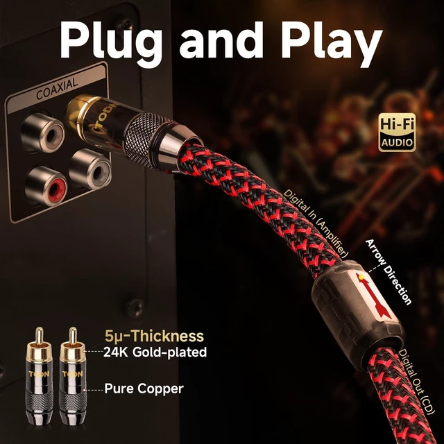 Alt view image 10 of 10 - TODN Audiophile Digital Coaxial Cable OFC Core HiFi SPDIF Coax Audio Cable 75-Ohm RCA Male to Male for Subwoofer, TV, Apm (4.9ft /1.5m)
