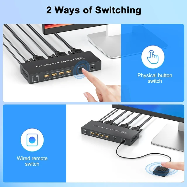 Alt view image 10 of 10 - DVI KVM Switch 1 Monitor 2 Computers 4K@30Hz,KVM Switches for Dual Computer Share Monitor Keyboard Mouse Printer Hard Drives, with EDID Adaptive, 2USB Cable Desktop Controller