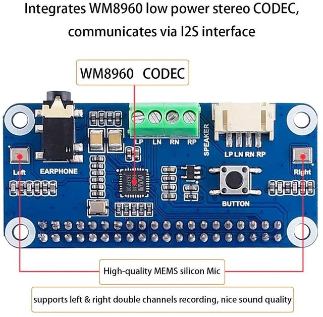 Alt view image 8 of 10 - Audio HAT Module for Raspberry Pi 4B/3B+/3B/2B/B+/A+/Zero/Zero W/Pi Zero WH,WM8960 Hi-Fi Sound Card HAT Stereo CODEC, Play/Record