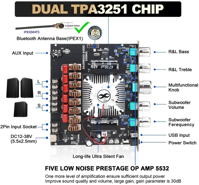 Alt view image 7 of 10 - S350HS TPA3251 Bluetooth Power Amplifier Board with Subwoofer 2.1 Channel 220W2+350W, 12V-38V Audio Power Amplifier Module