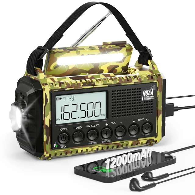 Alt view image 6 of 10 - 12000mAh/44400mWh Weather Radio, Hand Crank Emergency Radio Portable AM FM Shortwave, Solar Rechargeable Battery Powered Radio with NOAA Alert, USB-C Charger & Adapter, SOS Flashlight for Emergency