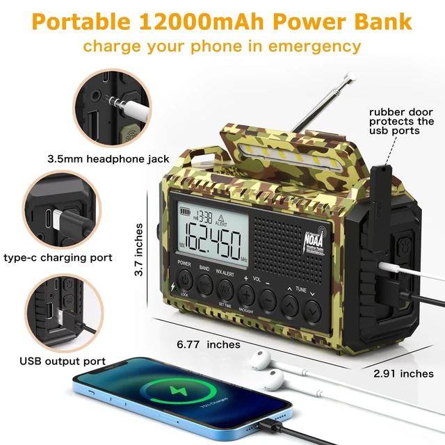 Alt view image 8 of 10 - 12000mAh/44400mWh Weather Radio, Hand Crank Emergency Radio Portable AM FM Shortwave, Solar Rechargeable Battery Powered Radio with NOAA Alert, USB-C Charger & Adapter, SOS Flashlight for Emergency