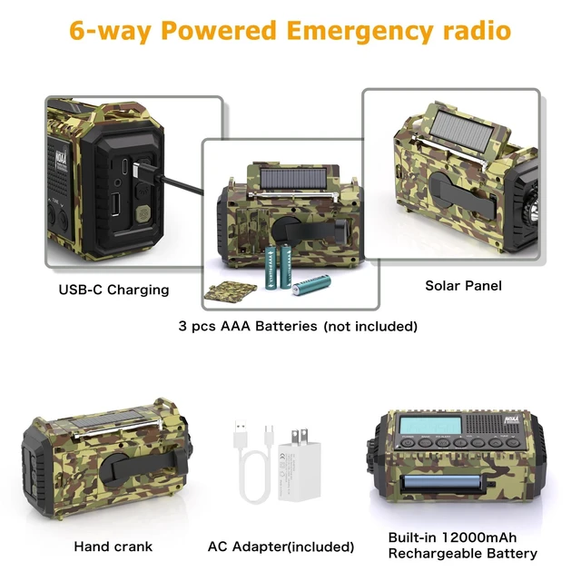 Alt view image 9 of 10 - 12000mAh/44400mWh Weather Radio, Hand Crank Emergency Radio Portable AM FM Shortwave, Solar Rechargeable Battery Powered Radio with NOAA Alert, USB-C Charger & Adapter, SOS Flashlight for Emergency