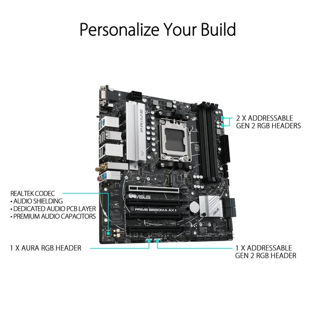 Alt view image 9 of 10 - ASUS Prime B650M-A AX II AMD B650 AM5 Ryzen Desktop 9000 8000 & 7000 Micro-ATX mATX Motherboard, DDR5, PCIe 5.0 M.2, 2.5Gb LAN, Wi-Fi 6, DisplayPort, HDMI, USB 3.2, USB 3.2 Type-C, BIOS Flashback