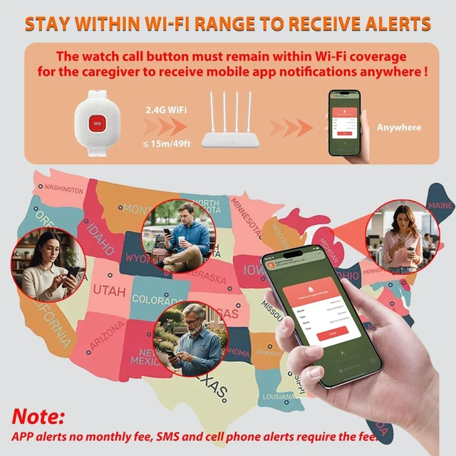 Alt view image 10 of 10 - PerfeSafe WiFi Caregiver Call Button for Elderly at Home, Alert Button for Seniors with App Notification, Elderly Monitoring, Life Alert Systems for Seniors No Monthly Fee, Wireless Watch Pager