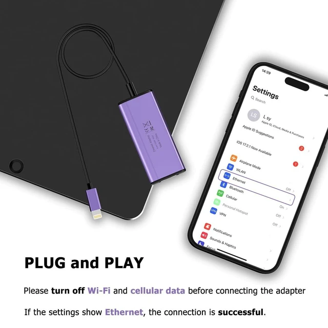Alt view image 9 of 10 - Lightning to 1000Mbps Ethernet Adapter, IVSHOWCO 2 in 1 iPhone iPad to RJ45 Ethernet LAN Network Adapter with Charging Port, 1 Gigabit High Speed,Plug and Play(1.77Ft)