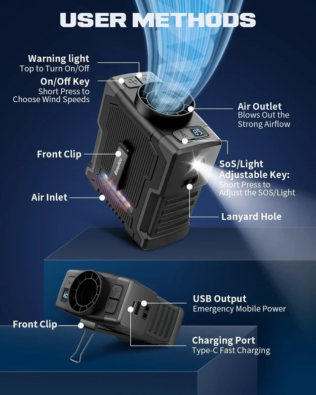 Alt view image 10 of 10 - EasyAcc AI Portable Fan 10000mAh Waist Clip On Fan Rechargeable, Upgraded Max 20000RPM Strong Airflow, 10-24H Working Time, Belt Neck Fan for Cruise Ship Travel/Outdoor Workers/Farms(with Lanyard)