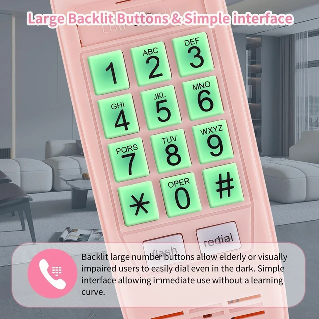 Alt view image 7 of 10 - Corded Landline Phones with 110dB Loud Ringer & Flashing Visual Alert, Vintage Princess Phones Simple and Easy to Use, Home Landline Telephone for Seniors No Power Required, Retro Wall Phone - Pink