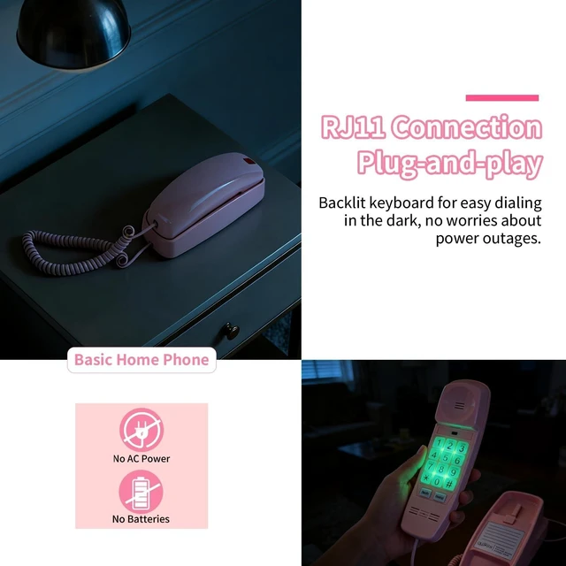 Alt view image 9 of 10 - Corded Landline Phones with 110dB Loud Ringer & Flashing Visual Alert, Vintage Princess Phones Simple and Easy to Use, Home Landline Telephone for Seniors No Power Required, Retro Wall Phone - Pink