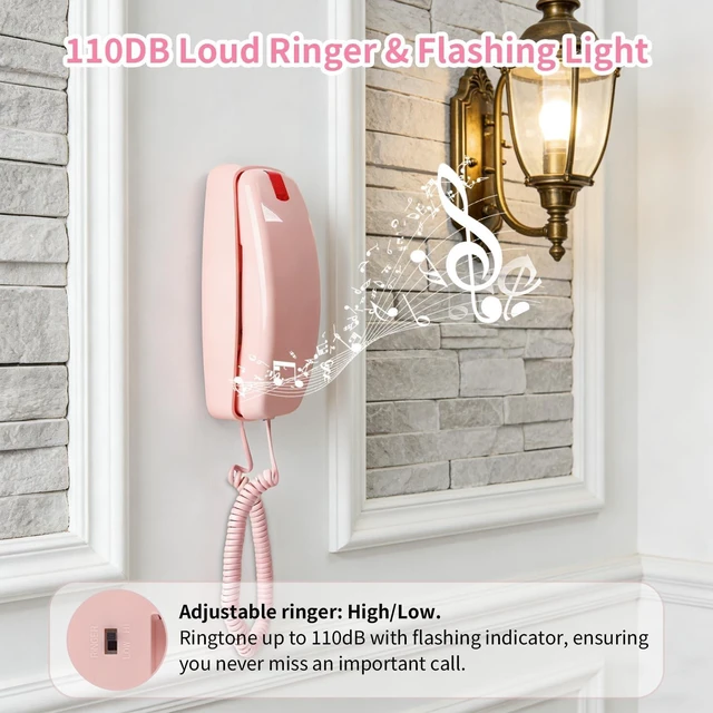 Alt view image 10 of 10 - Corded Landline Phones with 110dB Loud Ringer & Flashing Visual Alert, Vintage Princess Phones Simple and Easy to Use, Home Landline Telephone for Seniors No Power Required, Retro Wall Phone - Pink