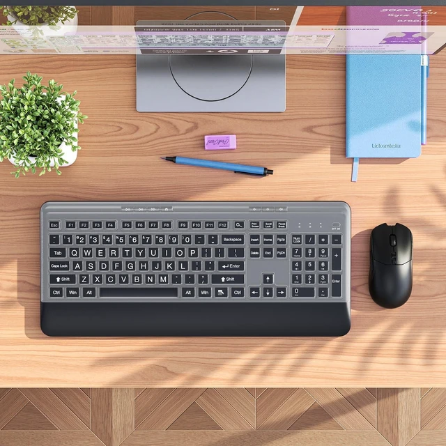Alt view image 8 of 10 - KOPJIPPOM Silent Wireless Keyboard and Mouse Combo - Keyboard with Large Print Cover, 2.4GHz Full-Sized Ergonomic Keyboard with Wrist Rest and Mouse for Laptop, PC, Notebook, Desktop
