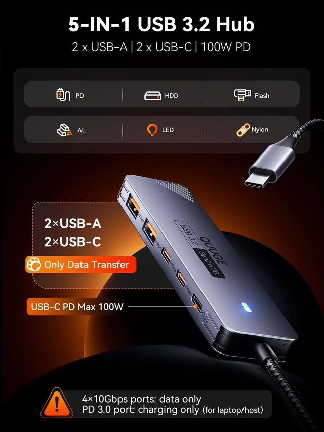 Alt view image 7 of 10 - USB C Hub 10Gbps, QUUGE 5-in-1 USB Splitter with 2 USB-A & 2 USB-C 3.2 and PD 100W, Fast Transfer Aluminum Type-C Multiport Adapter with 100cm Nylon Cable for MacBook Air/Pro, iPad, Surface Pro, XPS