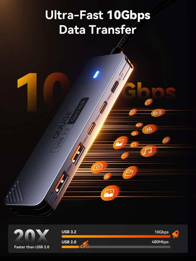 Alt view image 8 of 10 - USB C Hub 10Gbps, QUUGE 5-in-1 USB Splitter with 2 USB-A & 2 USB-C 3.2 and PD 100W, Fast Transfer Aluminum Type-C Multiport Adapter with 100cm Nylon Cable for MacBook Air/Pro, iPad, Surface Pro, XPS