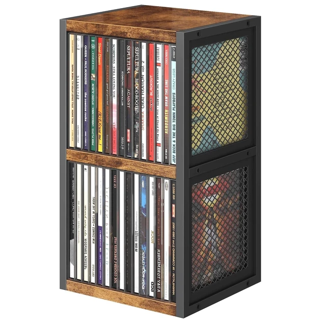 Alt view image 6 of 10 - ELITEROO CD Holder Desk Rack Organizer, Wooden CD Storage Stand Holds up to 30 Cd Cases, 2 Tier CD Tower with Mesh Sides, Retro Small CD Display Shelf for Theatre Room, Home Collectibles, Rustic Brown