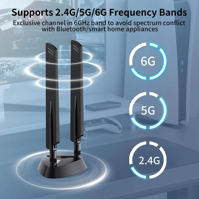 Alt view image 7 of 10 - QFly WiFi 6e Tri-Band Antenna 6GHz/5GHz/2.4GHz RP-SMA Wi-Fi Antennas with Magnetic Base and 6.5ft Extension Cable for PC Desktop Computer PCIE Wireless Card Adapter Router