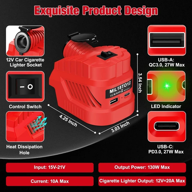 Alt view image 7 of 10 - YNDZ Step Down Converter for Milwaukee M18 18V Battery, 18V to 12V 20A 240W DC Power Supply with Cigarette Lighter Socket, USB A & TypeC 27W Fast Charging Port for Car Truck Golf Cart RC Vehicle