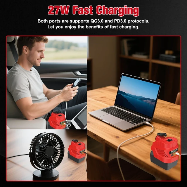 Alt view image 9 of 10 - YNDZ Step Down Converter for Milwaukee M18 18V Battery, 18V to 12V 20A 240W DC Power Supply with Cigarette Lighter Socket, USB A & TypeC 27W Fast Charging Port for Car Truck Golf Cart RC Vehicle