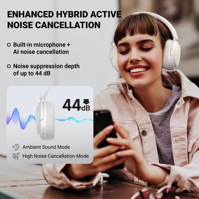 Alt view image 7 of 10 - Edifier V80 Hybrid Active Noise Cancelling Headphones, True Wireless Over Ear Bluetooth Headset with 45H Playtime Hi-Res Audio Fast Charging Multipoint Connection for Travel Home Office - Ivory