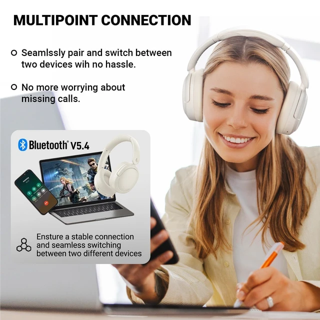 Alt view image 9 of 10 - Edifier V80 Hybrid Active Noise Cancelling Headphones, True Wireless Over Ear Bluetooth Headset with 45H Playtime Hi-Res Audio Fast Charging Multipoint Connection for Travel Home Office - Ivory