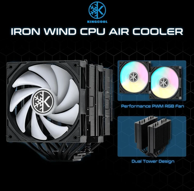 Alt view image 8 of 10 - KINGCOOL Iron Wind 120 ARGB CPU Air Cooler, 6 Heat Pipes & Dual Towers, Dual 120mm PWM Fans, 1800 RPM Speed, ARGB Lighting, PC Cooler for AMD AM4 AM5/ Intel LGA 1851/1700, Black