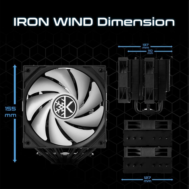 Alt view image 9 of 10 - KINGCOOL Iron Wind 120 ARGB CPU Air Cooler, 6 Heat Pipes & Dual Towers, Dual 120mm PWM Fans, 1800 RPM Speed, ARGB Lighting, PC Cooler for AMD AM4 AM5/ Intel LGA 1851/1700, Black
