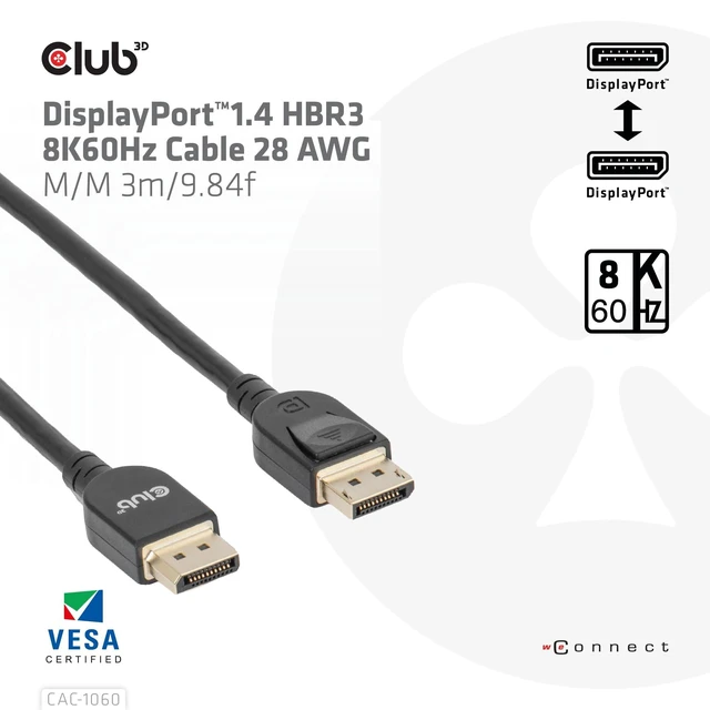 Alt view image 8 of 10 - Club3D CAC-1060 VESA Certified DisplayPort to DisplayPort 1.4/Hbr3 M/M Cable DP 1.4 8K 60Hz 3m- 9.84ft