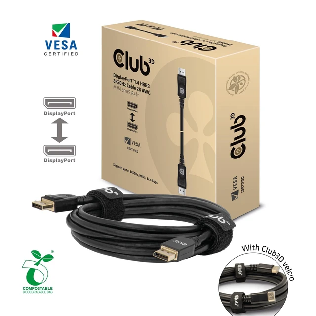 Alt view image 7 of 10 - Club3D CAC-1060 VESA Certified DisplayPort to DisplayPort 1.4/Hbr3 M/M Cable DP 1.4 8K 60Hz 3m- 9.84ft
