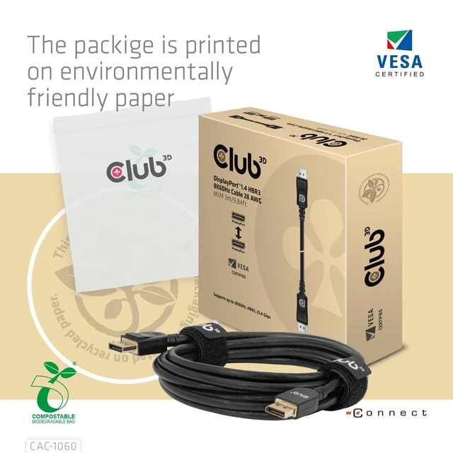 Alt view image 10 of 10 - Club3D CAC-1060 VESA Certified DisplayPort to DisplayPort 1.4/Hbr3 M/M Cable DP 1.4 8K 60Hz 3m- 9.84ft