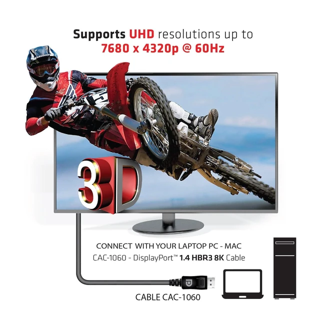 Alt view image 9 of 10 - Club3D CAC-1060 VESA Certified DisplayPort to DisplayPort 1.4/Hbr3 M/M Cable DP 1.4 8K 60Hz 3m- 9.84ft