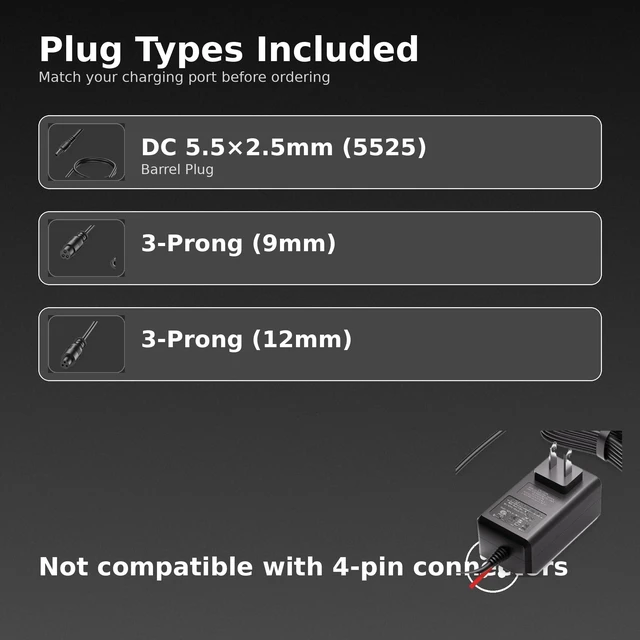 Alt view image 8 of 10 - VHBW 29.4V 1.5A Charger Compatible with Hover-1 Dream i-100 All-Star Superfly Ranger Astro Turbo Sypher Max Nova Chrome Origin Evolution, DC 5.52.5mm + 9mm/12mm 3-Prong Adapters, 5.9ft