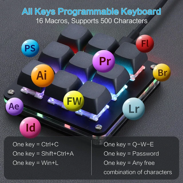 Alt view image 7 of 10 - Koolertron Macro Programmable Keypad, One Handed Programmable Mechanical Keyboard, RGB Blue Switch Hot Swappable, 9 Keys Backlit Keypad for Working and Gaming, Black