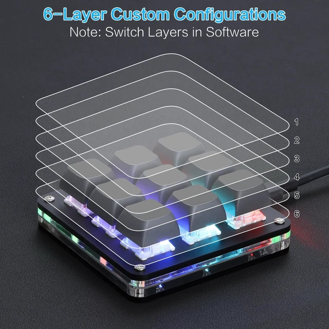 Alt view image 8 of 10 - Koolertron Macro Programmable Keypad, One Handed Programmable Mechanical Keyboard, RGB Blue Switch Hot Swappable, 9 Keys Backlit Keypad for Working and Gaming, Black