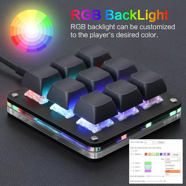Alt view image 10 of 10 - Koolertron Macro Programmable Keypad, One Handed Programmable Mechanical Keyboard, RGB Blue Switch Hot Swappable, 9 Keys Backlit Keypad for Working and Gaming, Black