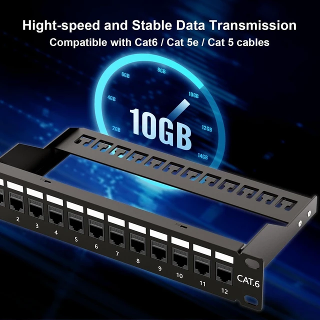 Alt view image 7 of 10 - iwillink 10Gbps Patch Panel 12 Port, 10-Inch Through Coupler RJ45 Cat6 Patch Panel with Back Bar, Wallmount or Rackmount, Compatible with Cat5, Cat5e, Cat6 Cabling
