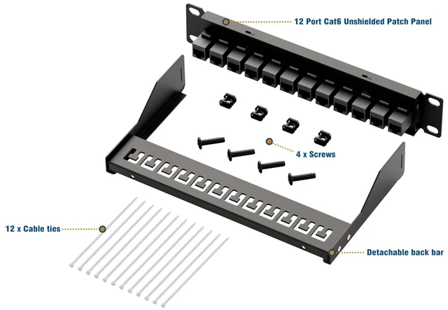 Alt view image 10 of 10 - iwillink 10Gbps Patch Panel 12 Port, 10-Inch Through Coupler RJ45 Cat6 Patch Panel with Back Bar, Wallmount or Rackmount, Compatible with Cat5, Cat5e, Cat6 Cabling