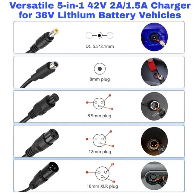 Alt view image 8 of 10 - HERISKEER 42V 2A 1.5A Charger 5 Plugs Universal for MAXSHOT V1 A1, Phantomgogo A9 A8 Commuter R1, VOLPAM SP06 SP03 SPT7, Aovopro Okai Sisigad for Hover-1 Ninebot Macwheel etc (36V Battery) Charger