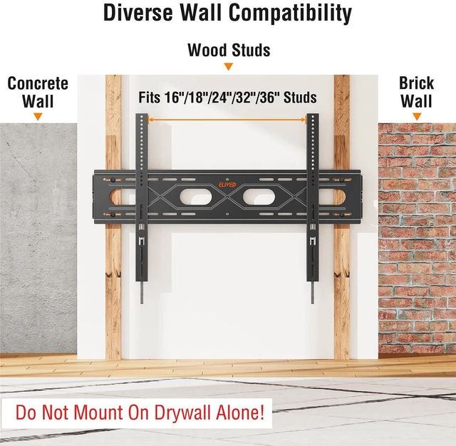 Alt view image 10 of 10 - ELIVED Fixed TV Mount for Most 50-120 Inch tvs Up to 220 lbs, Low Profile Wall Mount Fits 16"/24"/ 32"/36" Studs, TV Bracket up to VESA 950x600mm, Heavy Duty and Space Saving