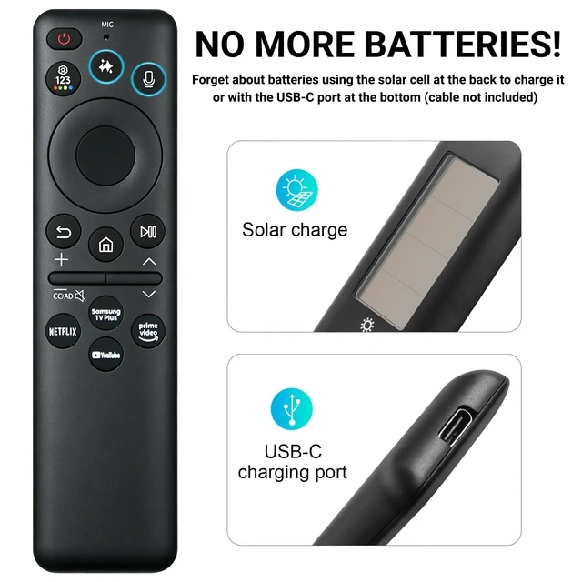 Alt view image 7 of 10 - New BN59-01480A TM2360E Solar Smart AI Voice Remote, Rechargeable Solar Cell & USB-C Charging Bluetooth Remote Control, Compatible with Samsung 2023-2025 Neo QLED/OLED Smart TVs - Black