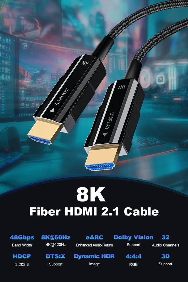 Alt view image 8 of 10 - 8K Long HDMI 2.1 Cable 25ft, Fiber Optic HDMI Cable Braided Cord, High Speed Active HDMI Cable, 48Gbps, 8K@60Hz 4K@120Hz, Dynamic HDR, eARC, HDCP 2.2&2.3, 3D, for HDTV Monitor Game Laptop Xbox PS4/PS5