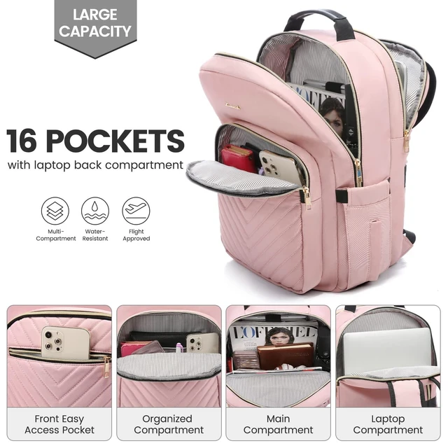 Alt view image 7 of 10 - LOVEVOOK Laptop Backpack for Women 17.3 inch,Cute Womens Travel Backpack Purse,Professional Laptop Computer Bag,Waterproof Work Business College Teacher Bags Carry on Backpack with USB Port,Pink
