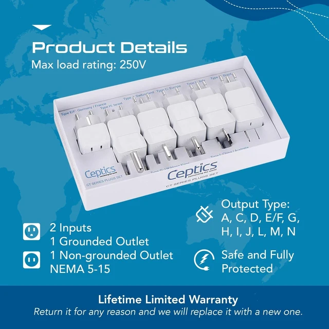 Alt view image 10 of 10 - Ceptics World Travel Adapter Set - 2 in 1 USA to Europe, Asia, Africa, India, Japan, Australia, Brazil, China, Israel and more - 11 Pack - Safe Grounded - Works with Cell phones, Laptops, Chargers