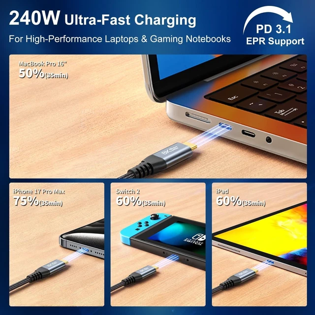 Alt view image 7 of 10 - ZeroneTeck 3-Pack 6inch Short USB C Cable for Thunderbolt 4 0.5FT, 40Gbps Data Transfer USB4, 240W PD Fast Charging, 8K USBC Monitor Display, USB C to USB C Cable for iPhone17/16,MacBook,iPad,Hub,SSD