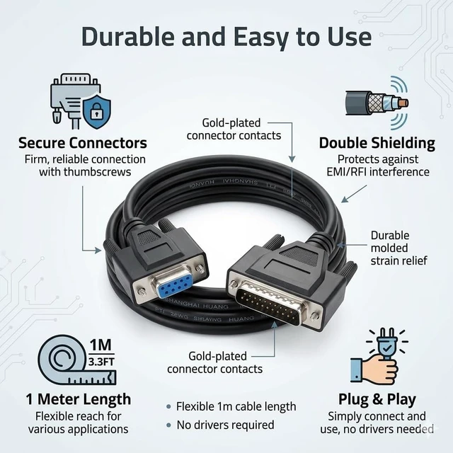 Alt view image 10 of 10 - Pidwaok DB9 Female to DB25 Male Double Shielded RS232 Serial Cable 1 Meters for Printer Connection