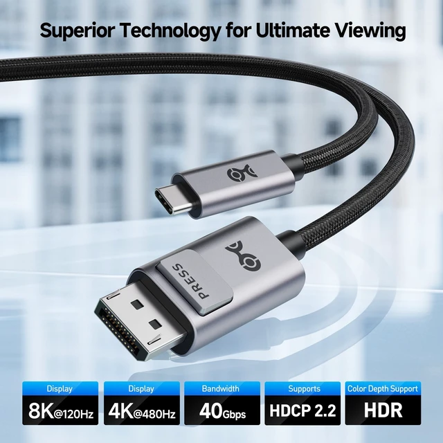 Alt view image 7 of 10 - Cable Matters 40Gbps Bi-Directional USB-C to DisplayPort 2.1 Cable - 1.8m / 6ft, DP40 (UHBR10), 8K@120Hz / 4K@480Hz, DisplayPort to USB C Cable for DP Alt Mode Devices (No Power Delivery)