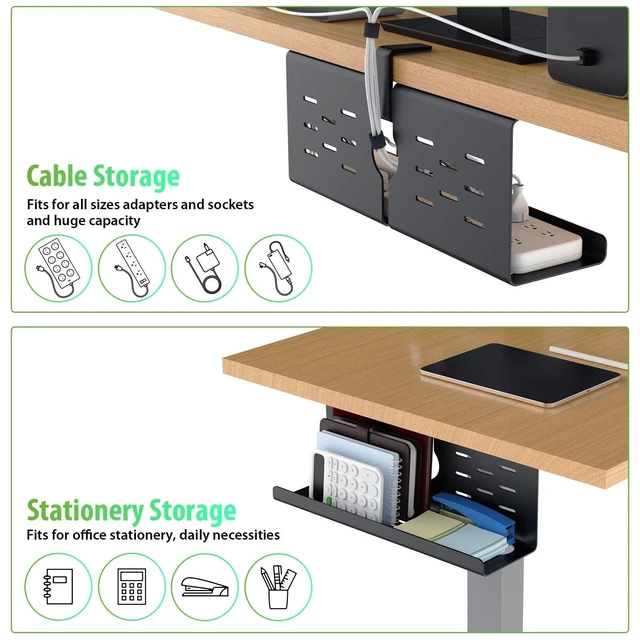 Alt view image 9 of 10 - KEEGH 16'' Under Desk Cable Management Tray, No Drill Clamp/Screws Mount, Sturdy Metal Cable Tray for Place Power Strip, Cord Management Tray for Home Office, Gaming Desk, Standing Desk, 1 Pack, Black