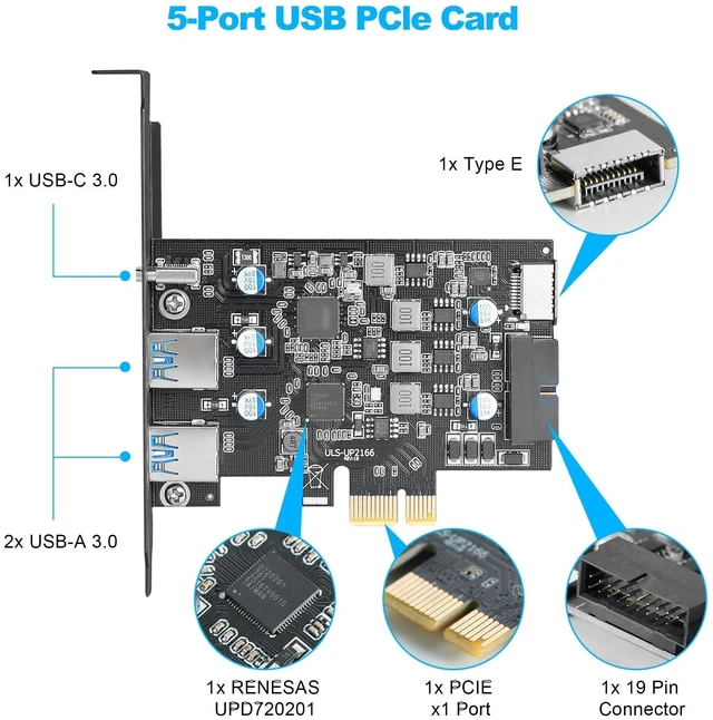 Alt view image 7 of 10 - USB 3.0 PCIe Expansion Card, 5-Port (2X USB-A + 1x USB-C + Type-E + 19-pin Header) PCI Express Card with UASP Support, Plug and Play for Windows 11/10/8/Linux, Includes Low-Profile Bracket