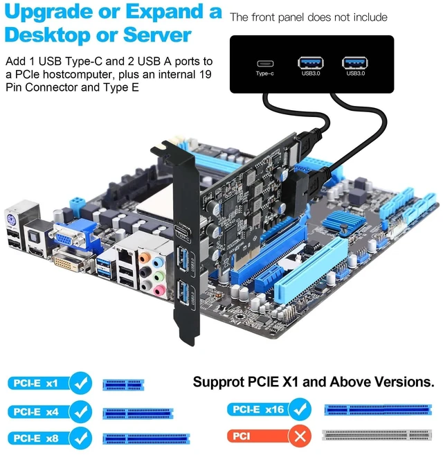 Alt view image 8 of 10 - USB 3.0 PCIe Expansion Card, 5-Port (2X USB-A + 1x USB-C + Type-E + 19-pin Header) PCI Express Card with UASP Support, Plug and Play for Windows 11/10/8/Linux, Includes Low-Profile Bracket