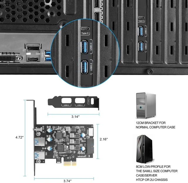 Alt view image 10 of 10 - USB 3.0 PCIe Expansion Card, 5-Port (2X USB-A + 1x USB-C + Type-E + 19-pin Header) PCI Express Card with UASP Support, Plug and Play for Windows 11/10/8/Linux, Includes Low-Profile Bracket
