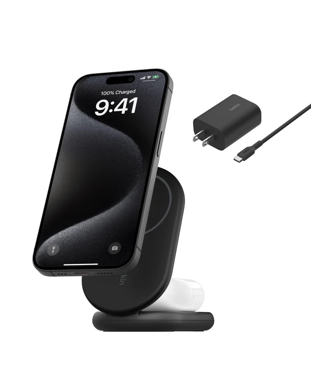 Alt view image 6 of 10 - Belkin MagSafe-Compatible Charger, 2-in-1 Magnetic Foldable Charger 15W - Qi2-Certified Wireless Charging for Apple iPhone 16, Apple Watch, Samsung Galaxy S25 w/Non-Slip Base, PSU Included - Black