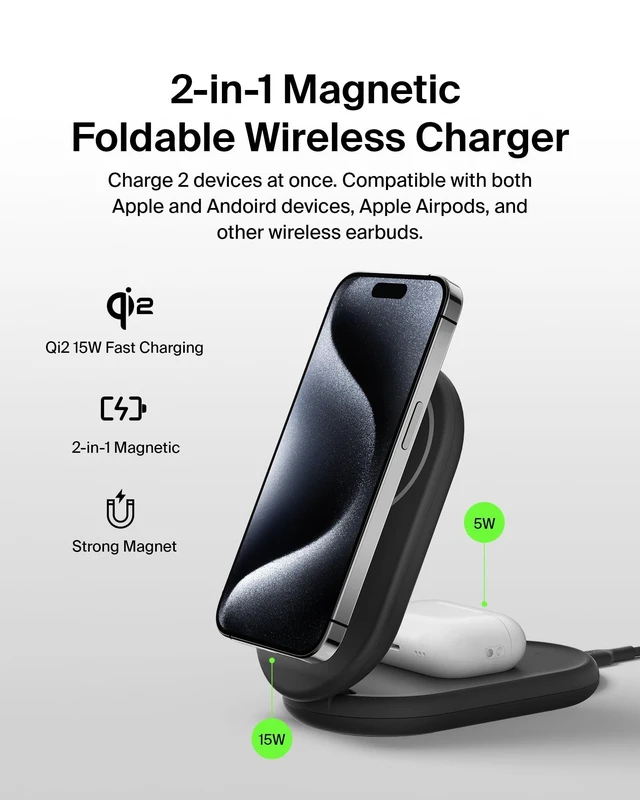Alt view image 7 of 10 - Belkin MagSafe-Compatible Charger, 2-in-1 Magnetic Foldable Charger 15W - Qi2-Certified Wireless Charging for Apple iPhone 16, Apple Watch, Samsung Galaxy S25 w/Non-Slip Base, PSU Included - Black
